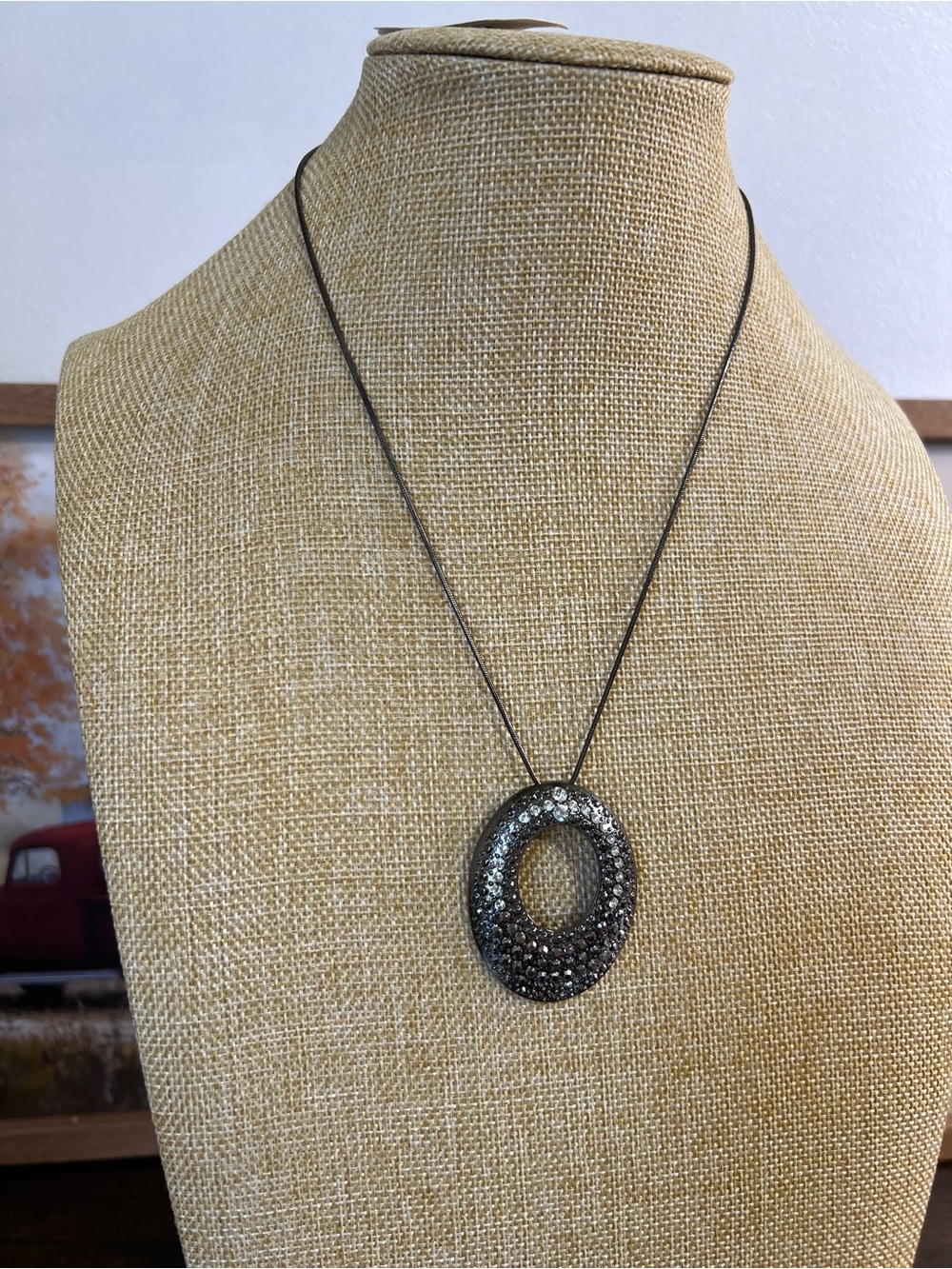 Sterling Silver Pave Oval Pendant Necklace - Black